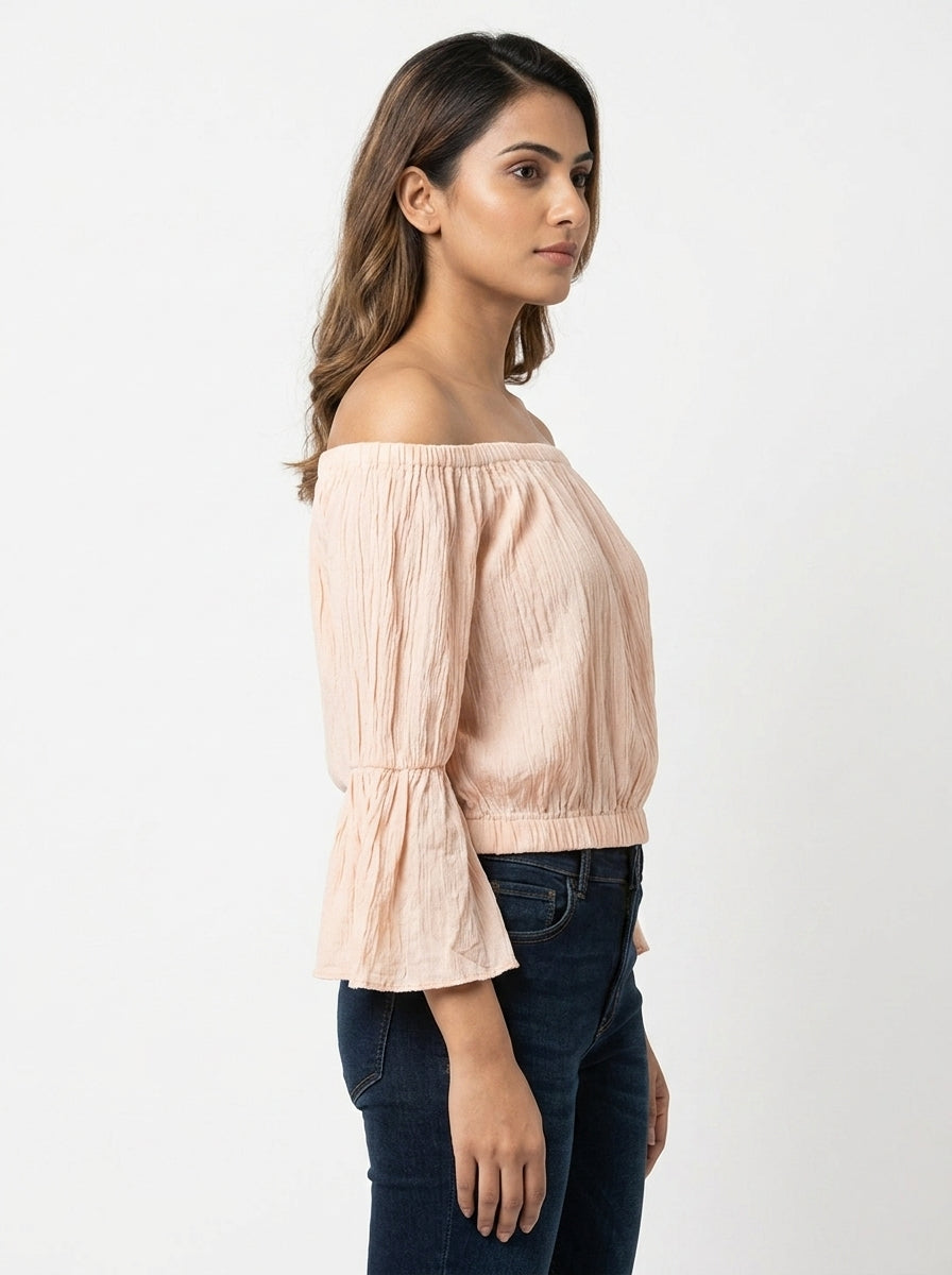 Peach Textured Off-Shoulder Relaxed Fit Top