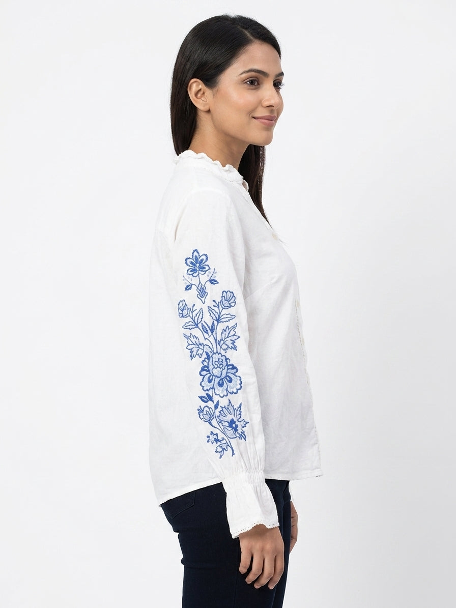 White Floral Embroidered Long Sleeve Top