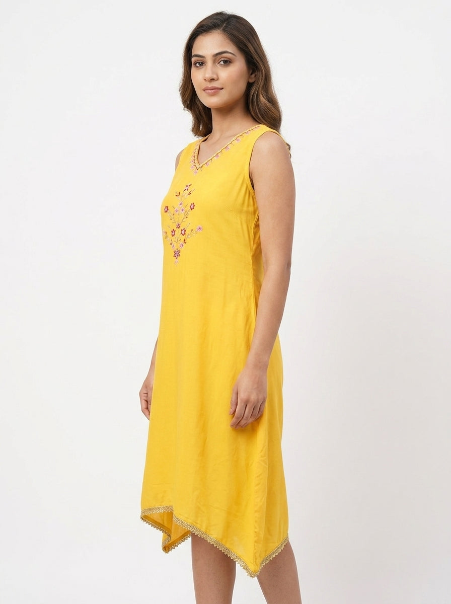 Yellow Embellished Sleeveless Kurti