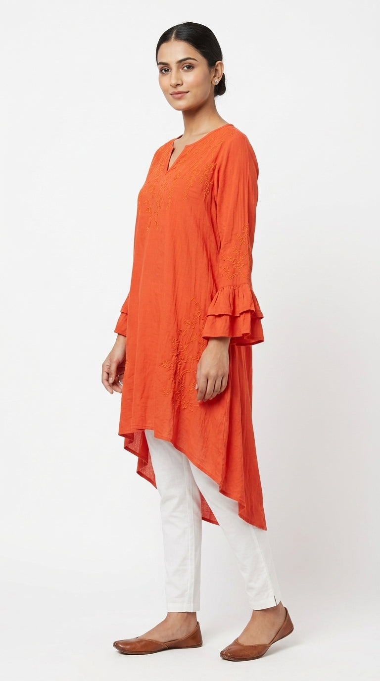 Orange Embroidered Relaxed Fit Kurti