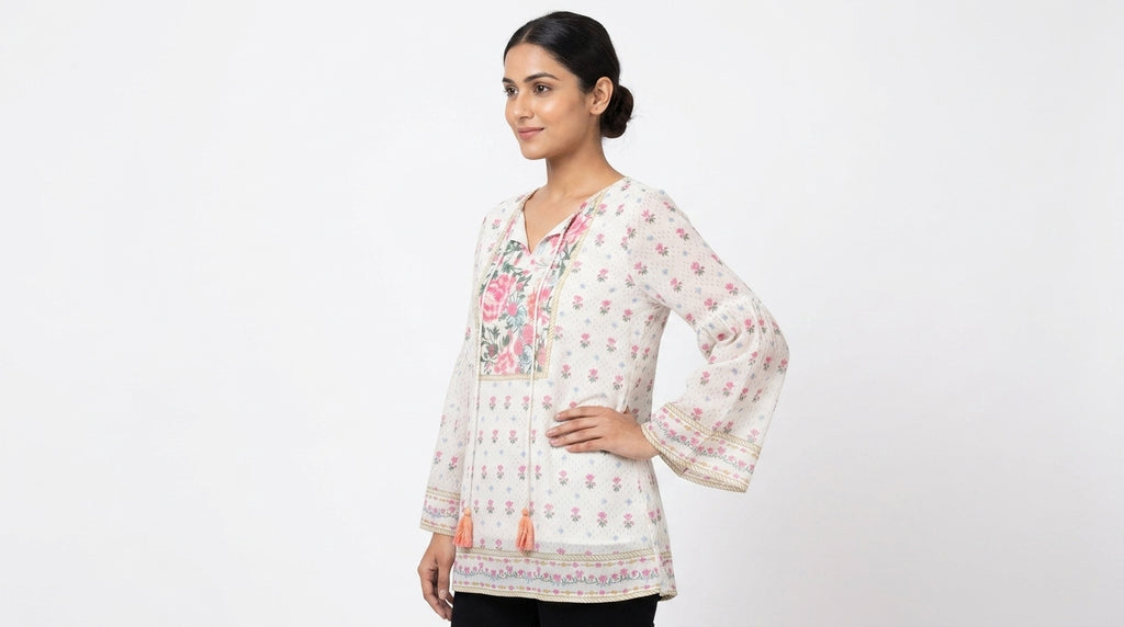 Off White Floral Printed Casual Top