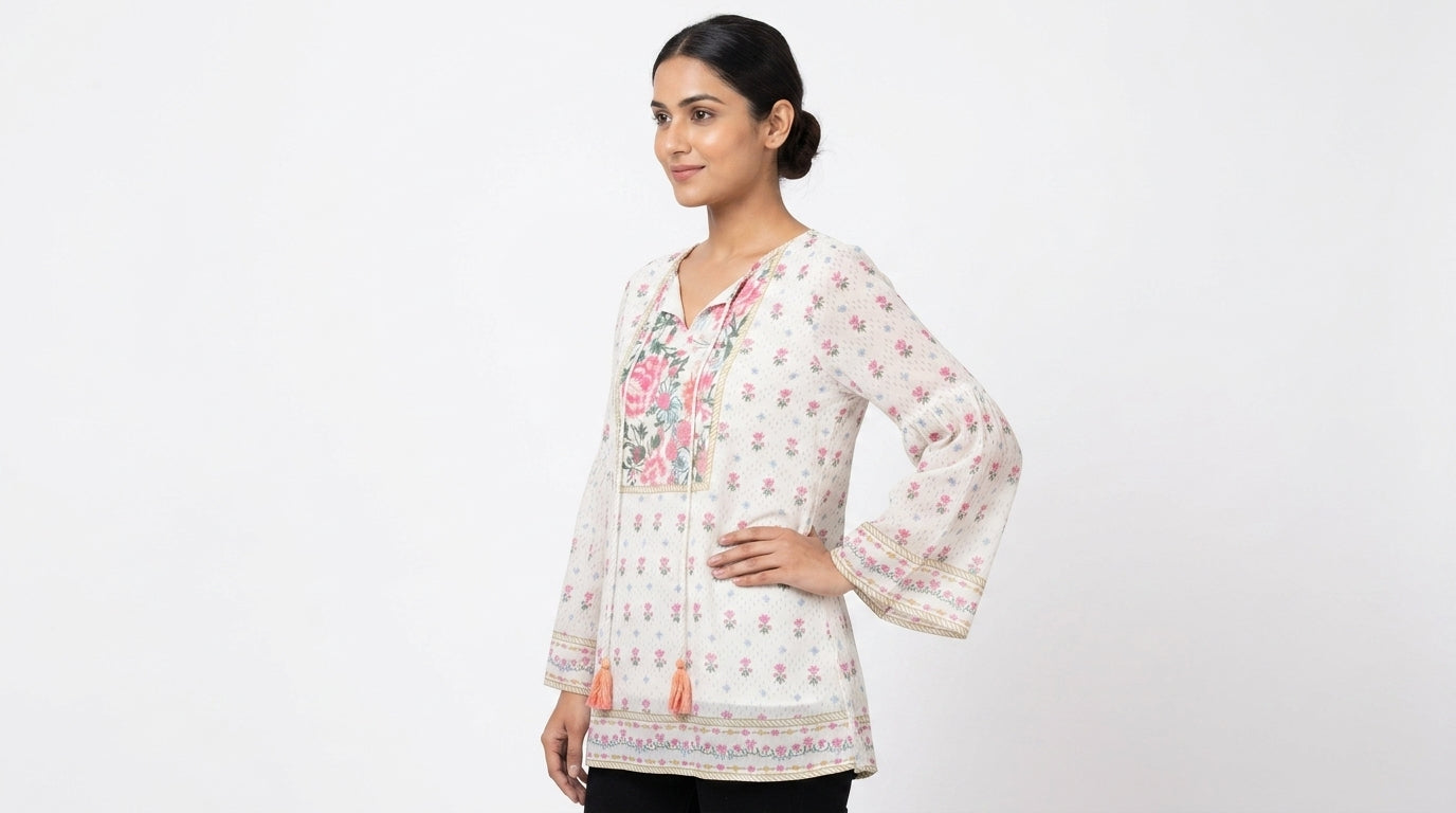 Off White Floral Printed Casual Top