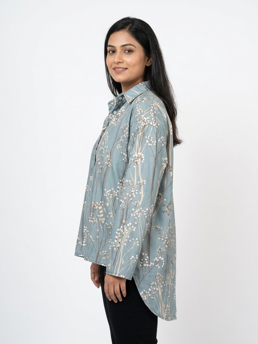 Grey Botanical Print Oversized Casual Shirt