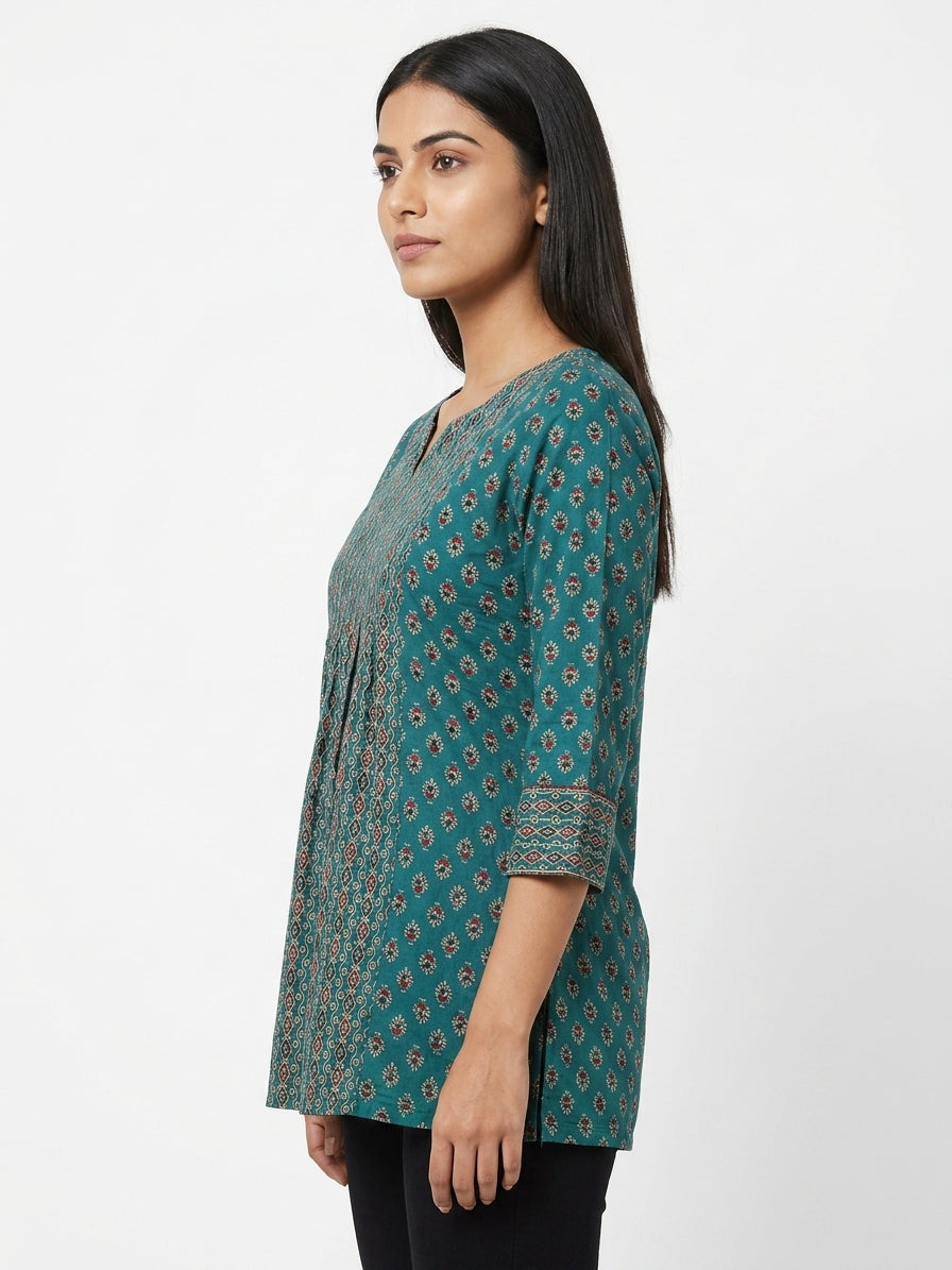 Teal Green Ethnic Printed Kurti