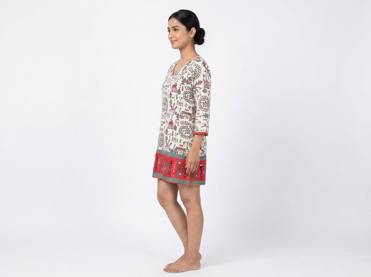 Off White Ethnic Print Cotton Kurti