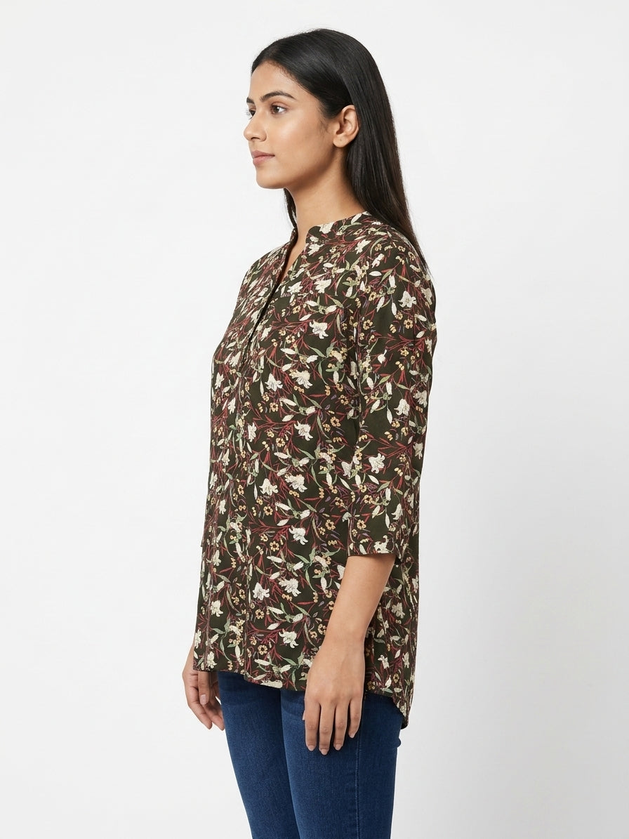Women's Dark Green Floral Printed Tunic Top