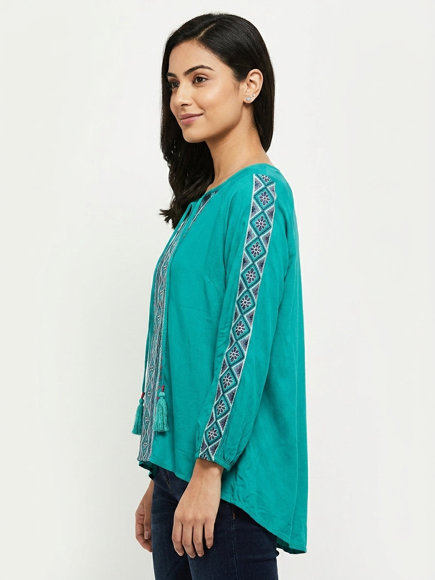 Women's Teal Ethnic Print Relaxed Fit Top with Tassels
