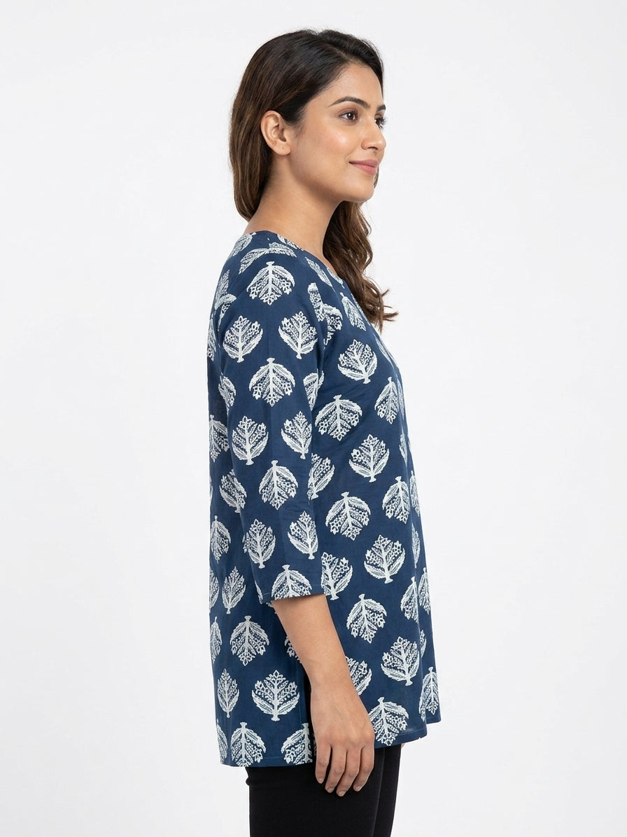 Women's Navy Blue Printed Cotton Kurti