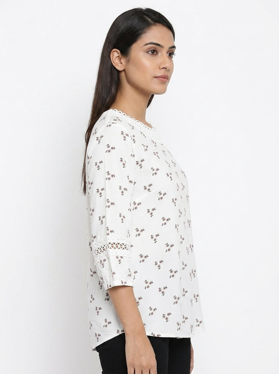 White Floral Print Top with Lace Details