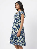 Women's Navy Floral Printed Regular Fit Dress