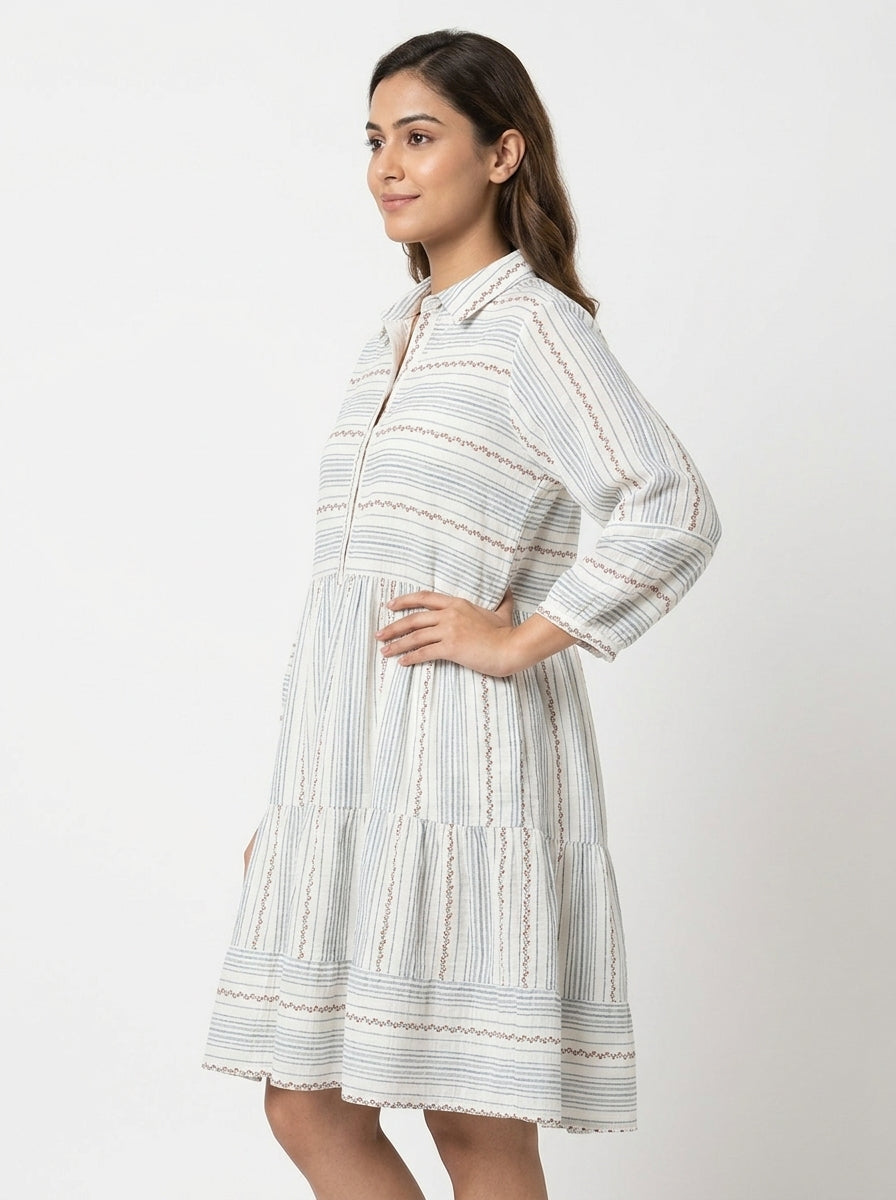 Off White Striped Collared Tiered Dress