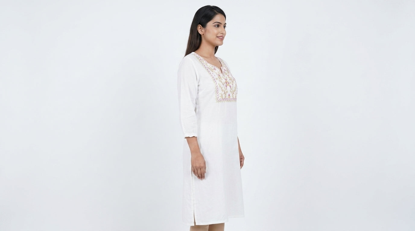 White Floral Embroidered Relaxed Fit Kurti