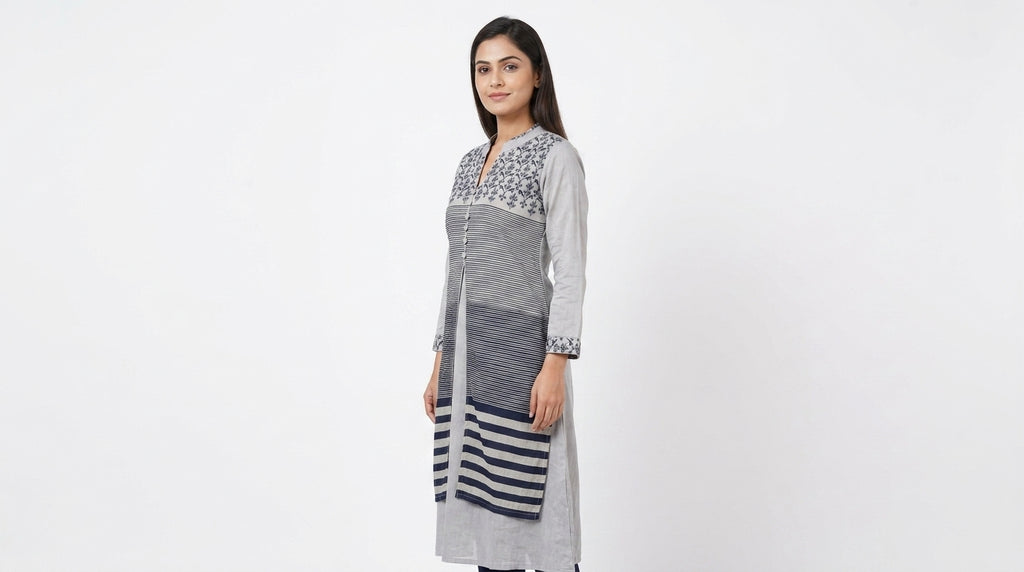 Light Grey & Navy Striped Ethnic Printed Kurti