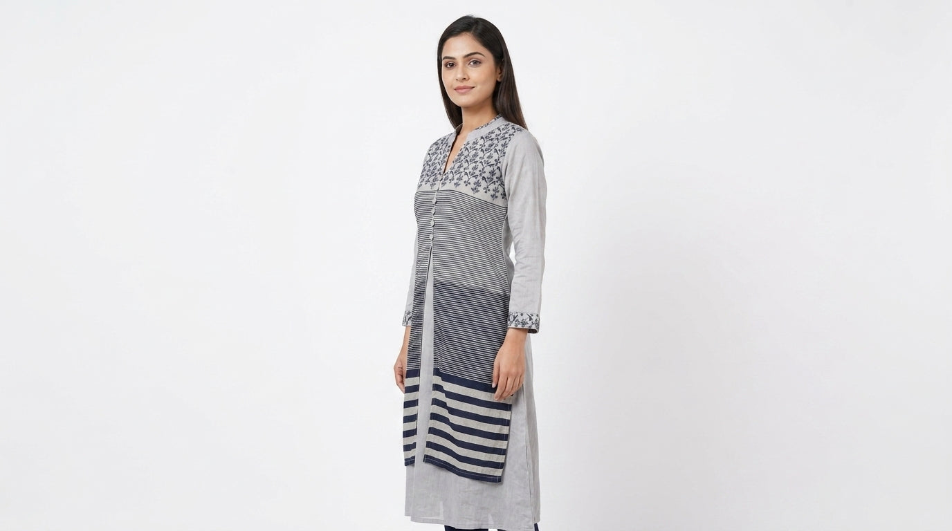 Light Grey & Navy Striped Ethnic Printed Kurti