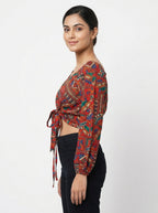 Women's Red Ethnic Print Long Sleeve Crop Top