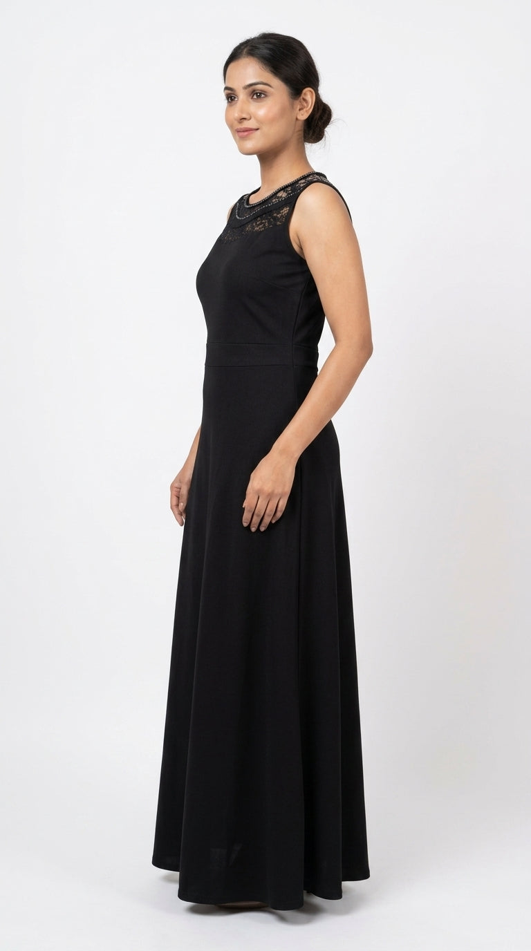 Women's Black Sleeveless Embellished Maxi Dress