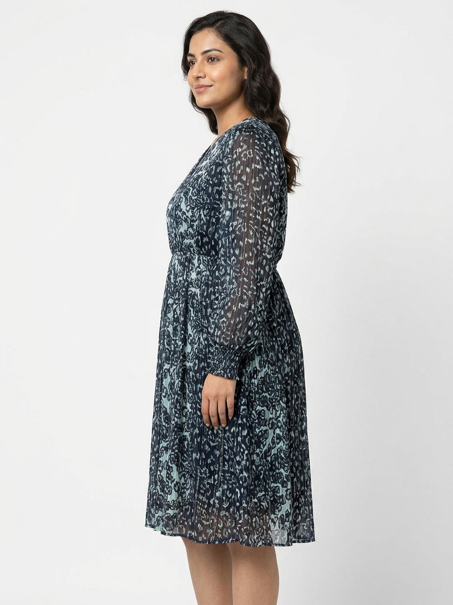 Women's Navy Animal Print Pleated Maxi Dress