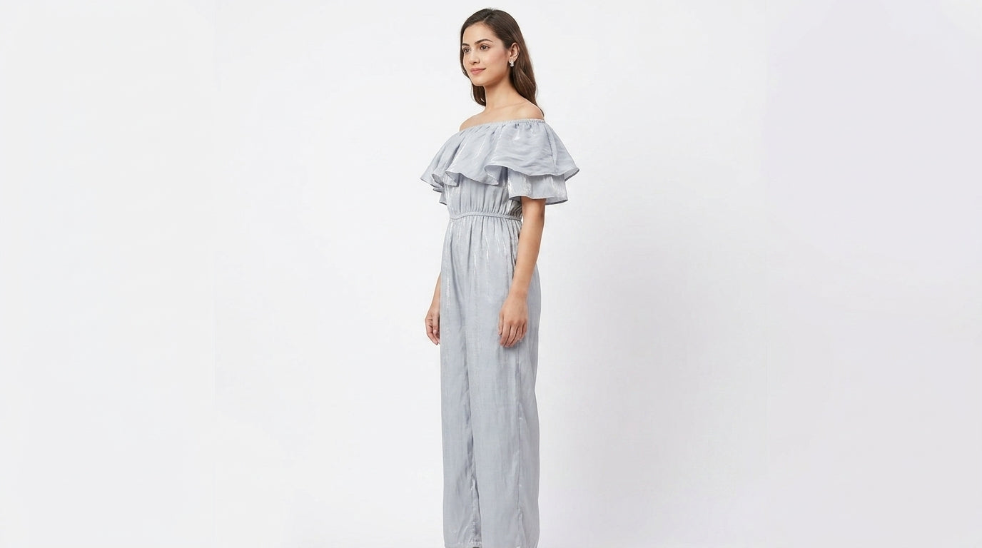 Women's Light Grey Ruffled Off-Shoulder Jumpsuit