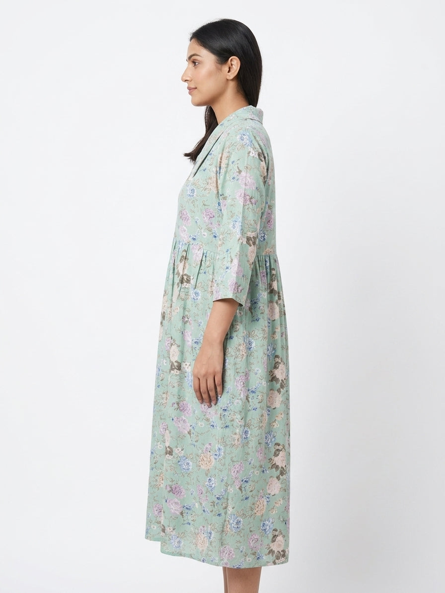 Women's Mint Floral Print Relaxed Fit Midi Dress