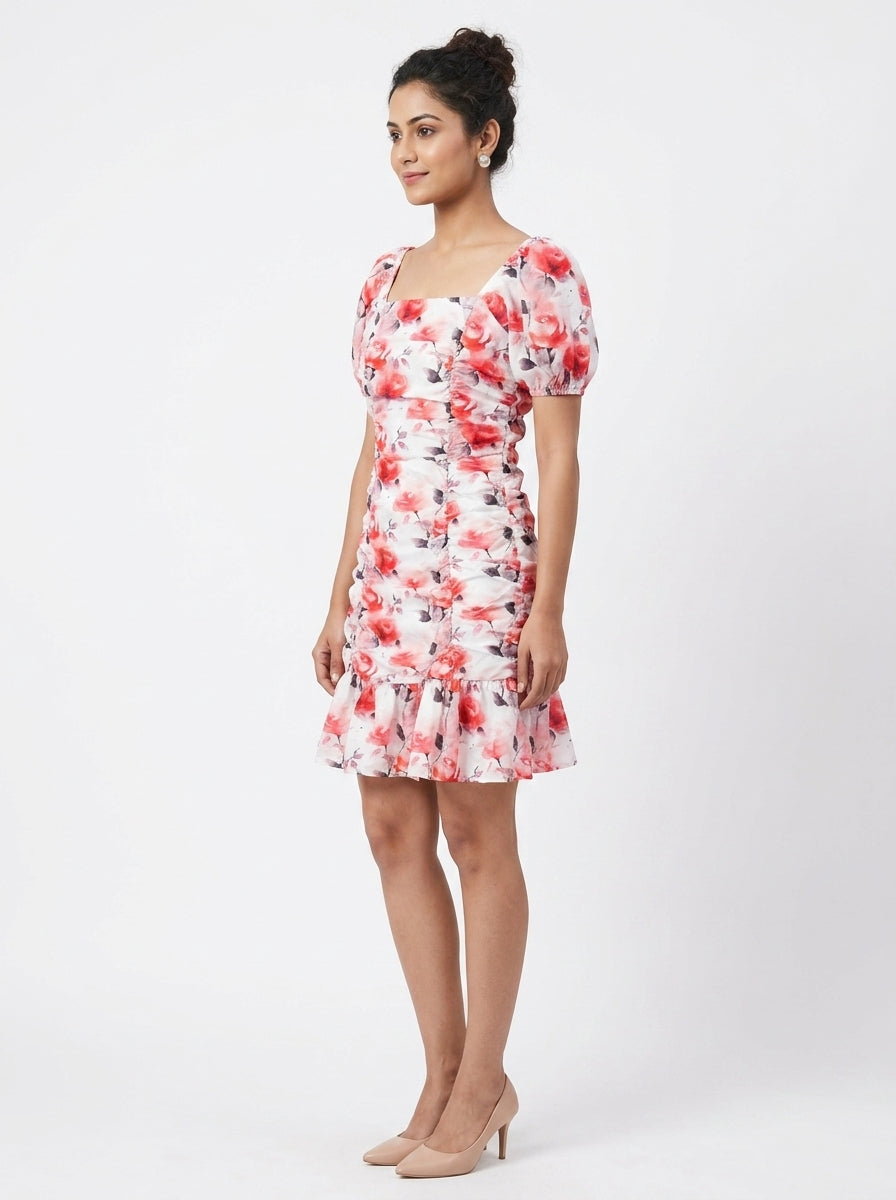 Women's Multi Floral Print Ruched Mini Dress