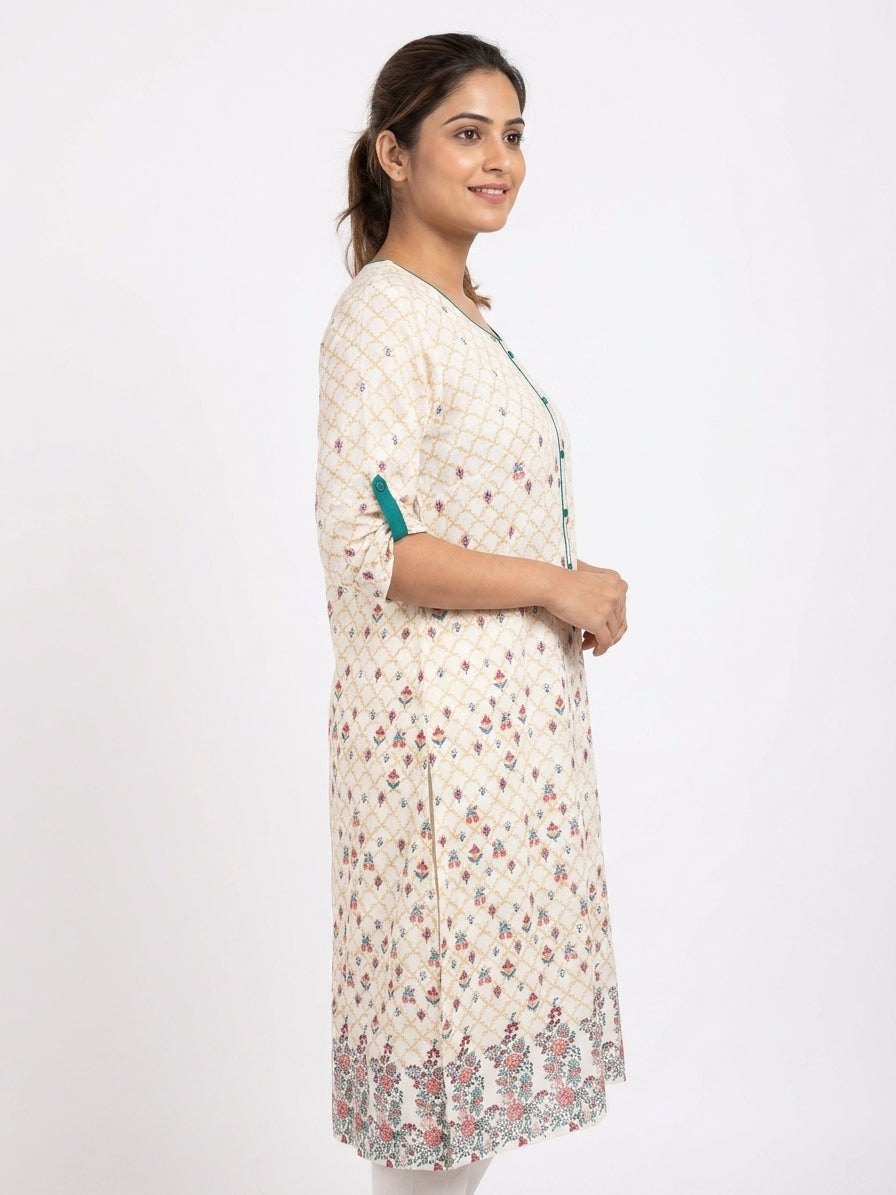 Off White Printed Cotton Kurti