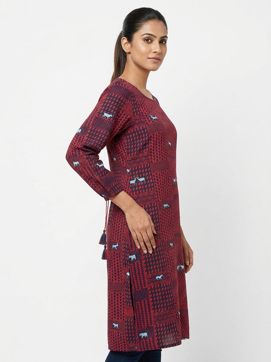 Women's Red & Navy Geometric Animal Print Kurti