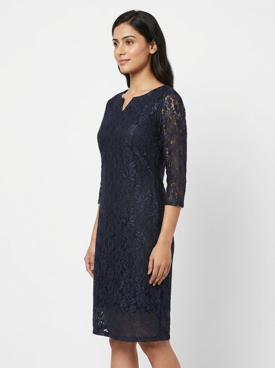 Navy Floral Lace Regular Fit Dress