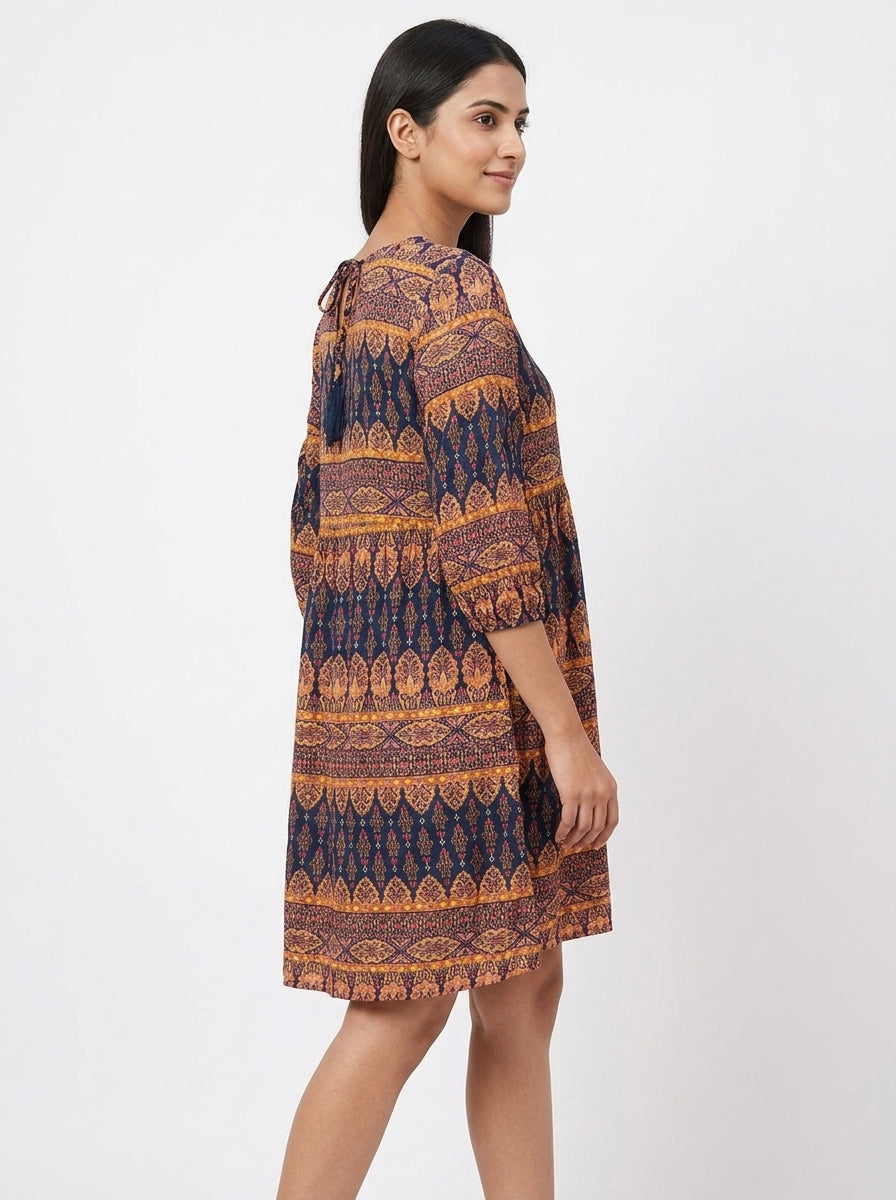 Women's Navy Ethnic Print Relaxed Fit Maxi Dress