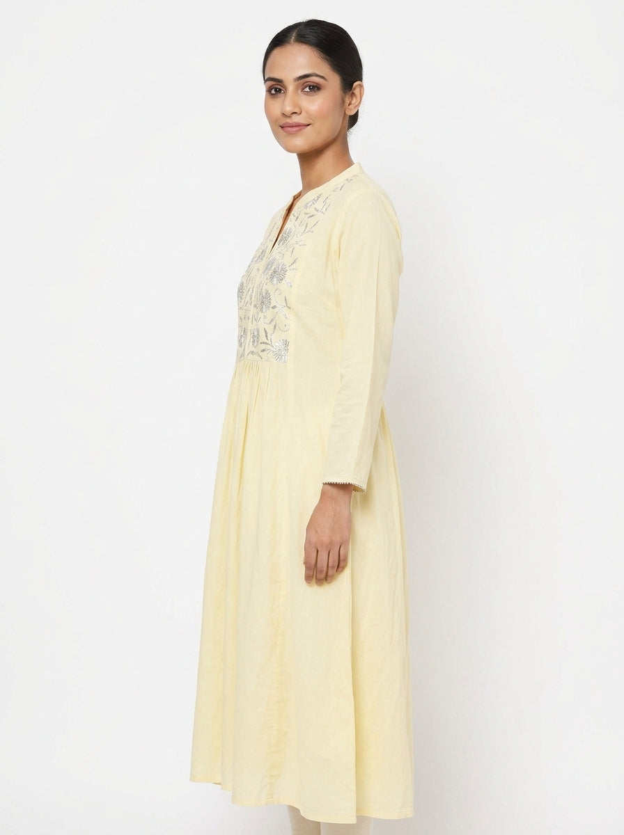 Cream Embellished Flared Kurti