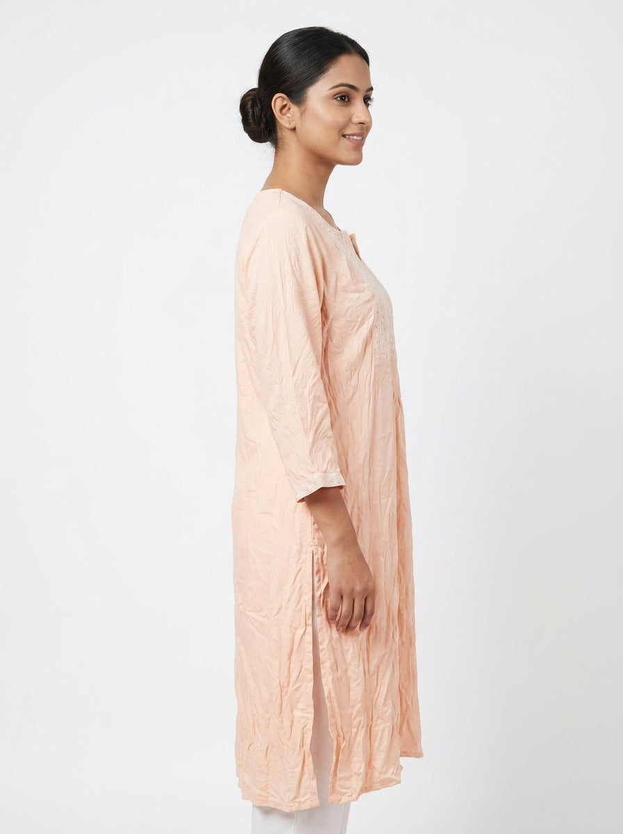 Peach Embellished Rayon Kurti