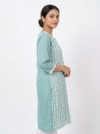 Sea Green Floral Embroidered Cotton Kurti