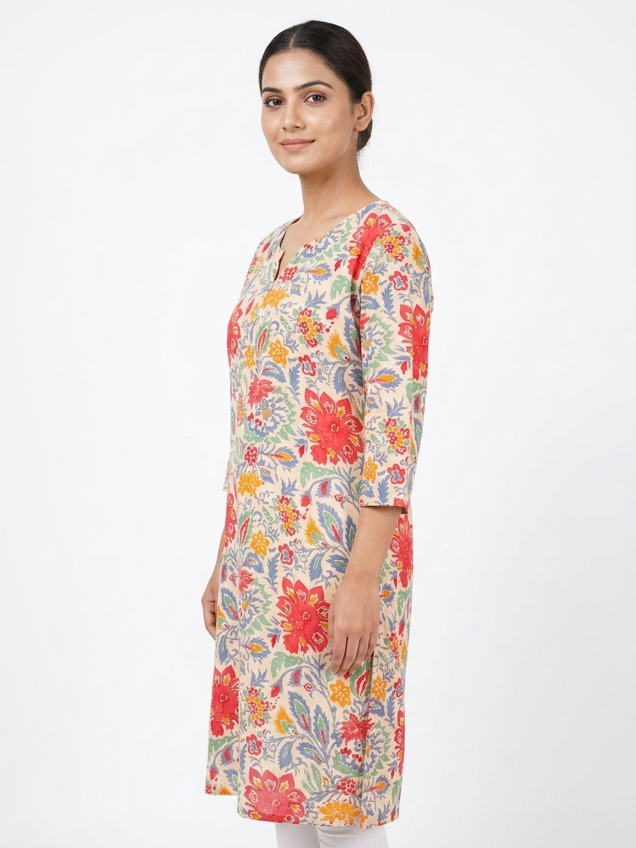 Multi-colored Floral Print Cotton Kurti