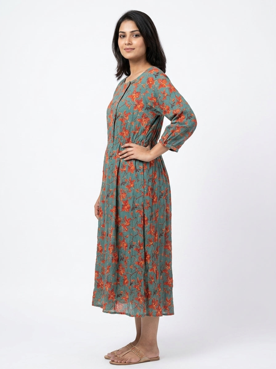 Teal Floral Printed Relaxed Fit Dress