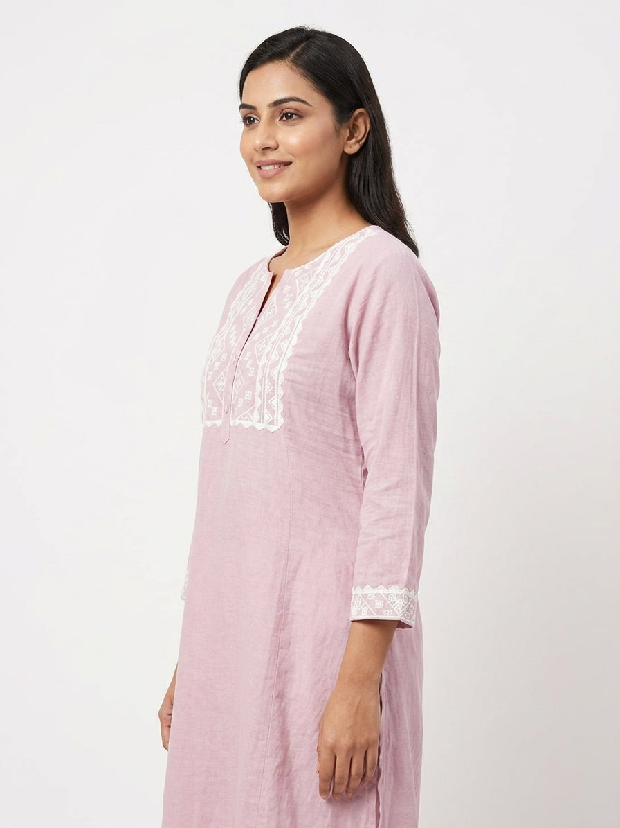Pink Embellished Cotton Kurti