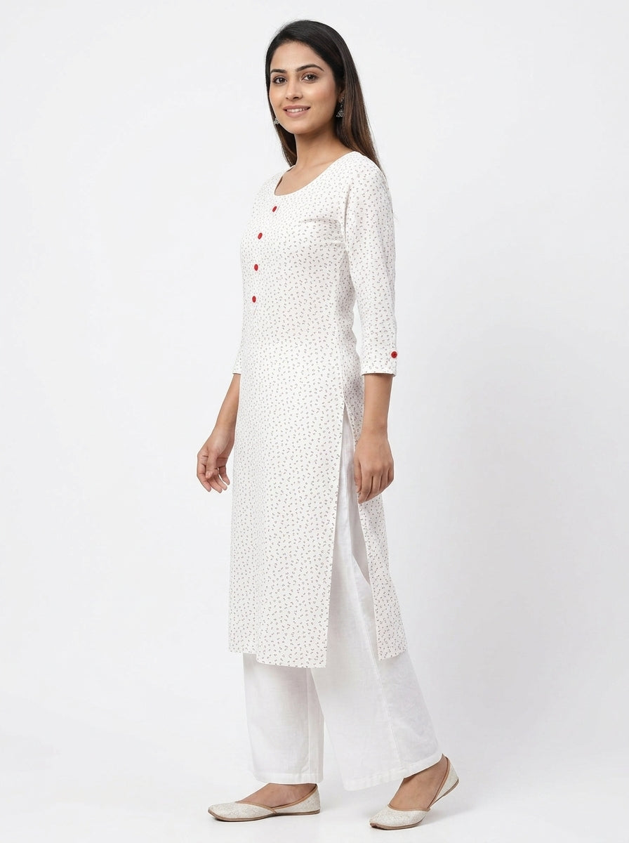 White Printed Straight Kurti with Red Buttons