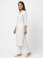 White Printed Straight Kurti with Red Buttons