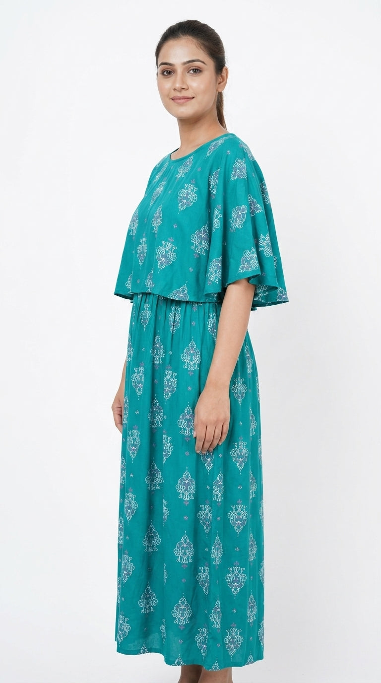 Teal Ethnic Print Layered Casual Dress