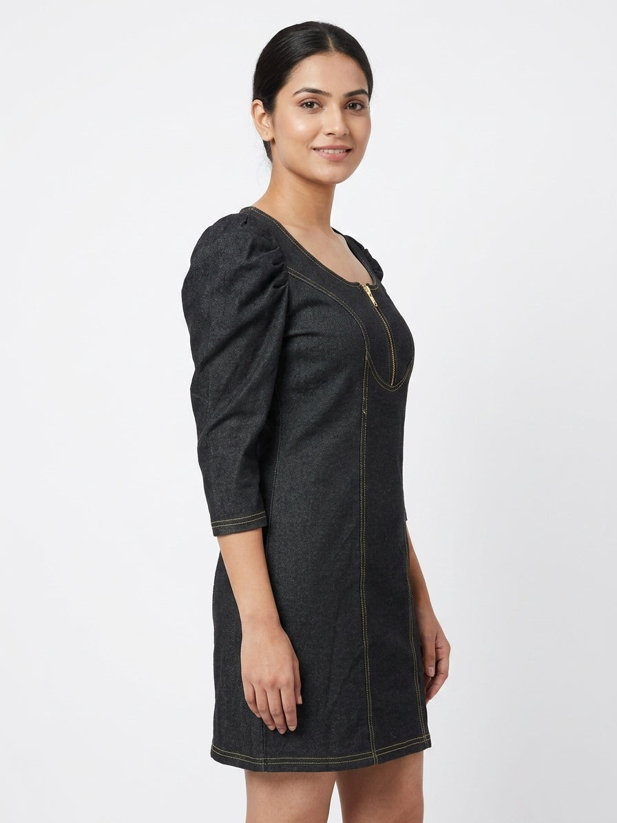Black Denim Puff Sleeve Mini Dress with Front Zipper