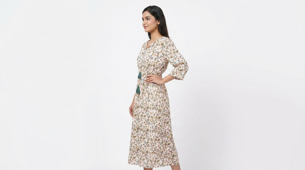 Off White Floral Printed Relaxed Fit Midi Kurti