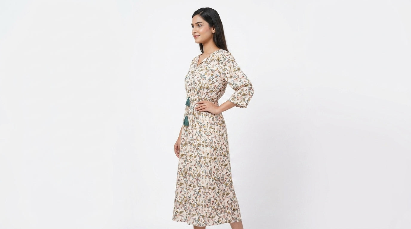 Off White Floral Printed Relaxed Fit Midi Kurti