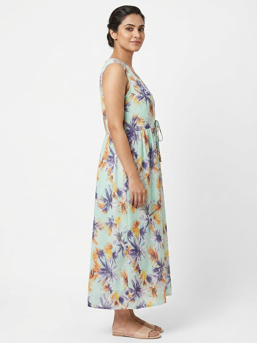 Multi-Color Floral Print V-Neck Midi Dress