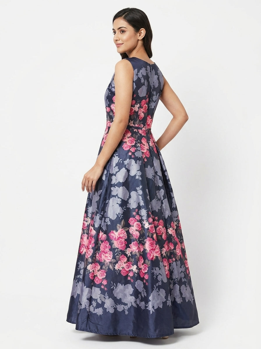 Women's Navy Blue Floral Printed Flared Dress