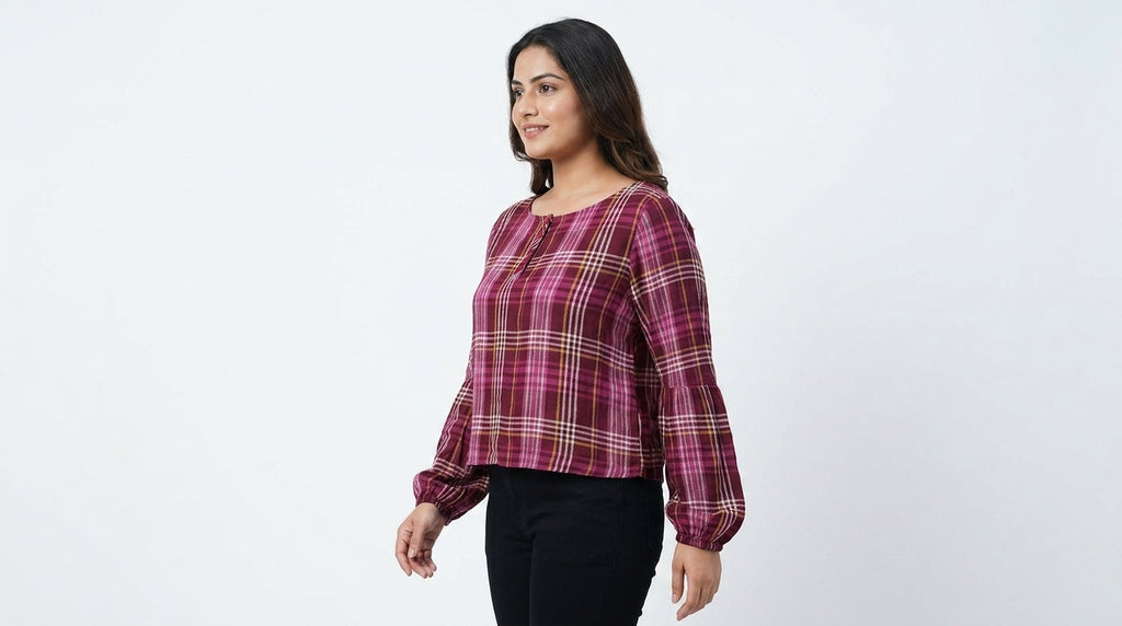 Women's Burgundy Plaid Regular Fit Full Sleeve Top