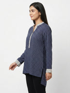 Women's Navy Printed Tunic Top with Mandarin Collar