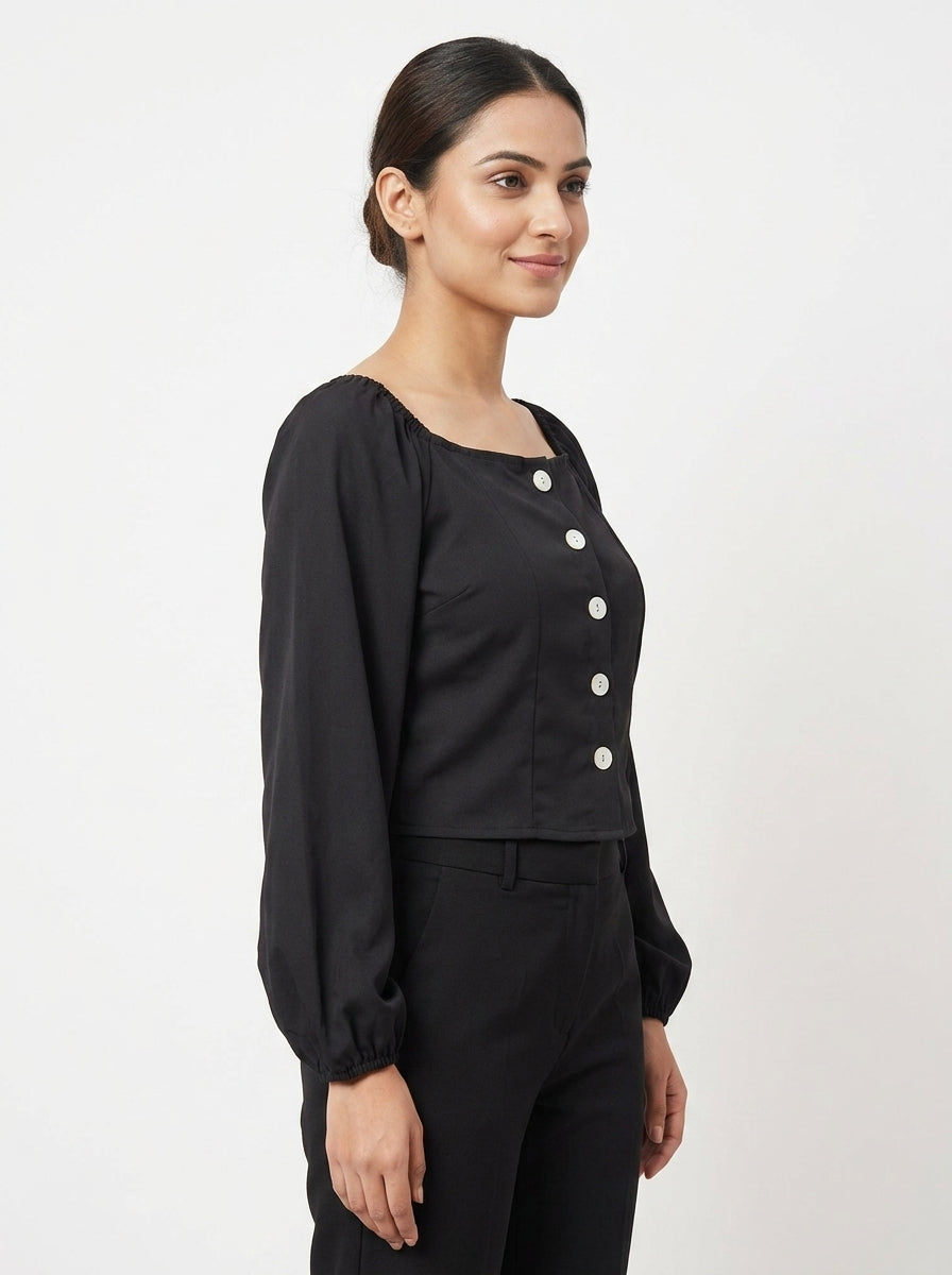 Dark Grey Solid Full Sleeve Crop Top
