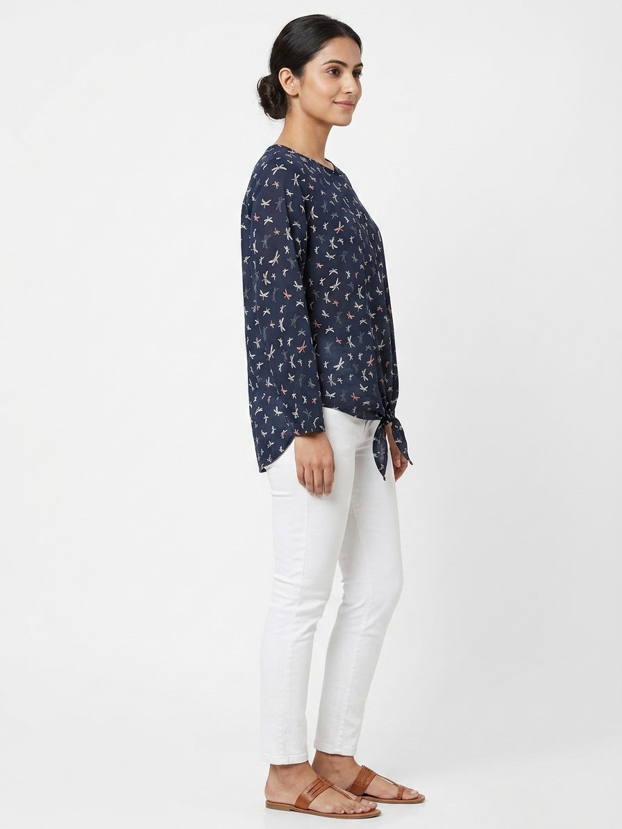 Women's Dark Blue Dragonfly Print Regular Fit Top