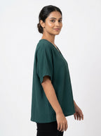 Women's Dark Green V-Neck Relaxed Fit Solid Top