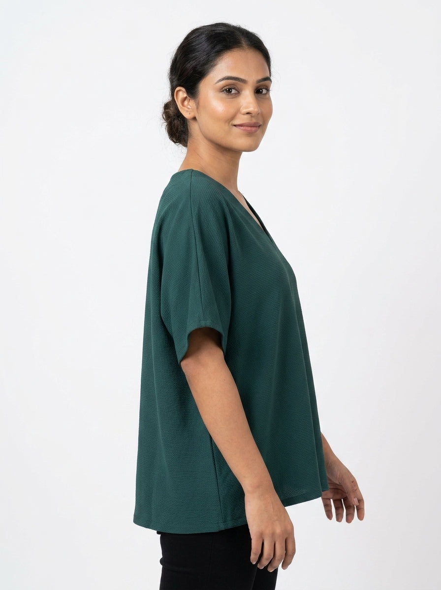Women's Dark Green V-Neck Relaxed Fit Solid Top