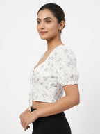 Off White Floral Printed Smocked Crop Top