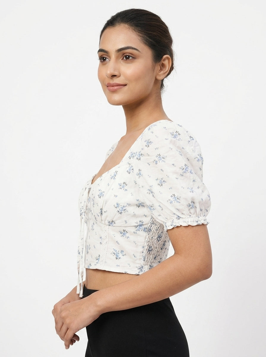 Off White Floral Printed Smocked Crop Top